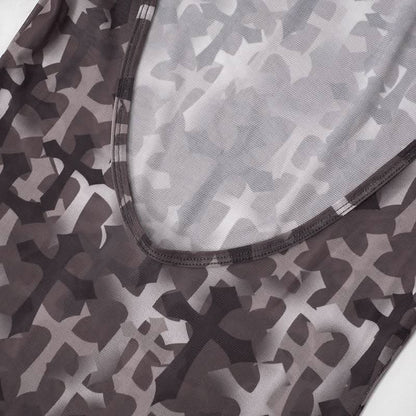 Long sleeve cross print sheer mesh backless maxi dress