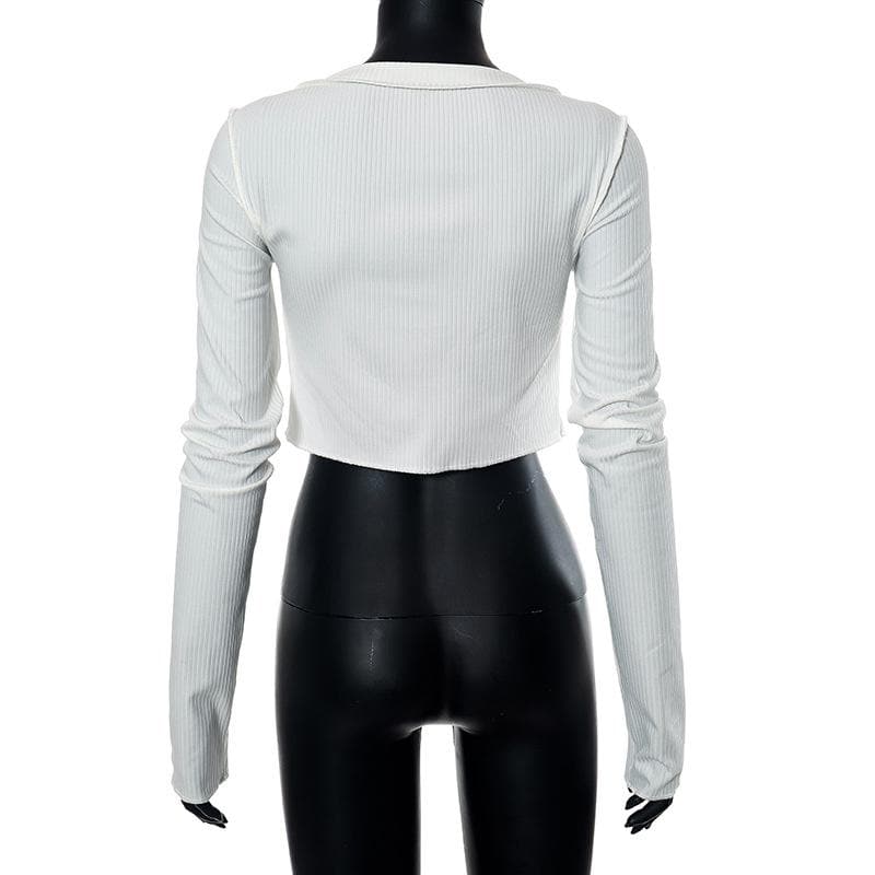 Button ribbed stitch long sleeve solid crop top