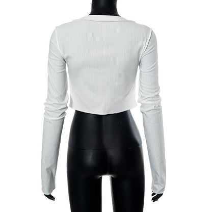 Button ribbed stitch long sleeve solid crop top