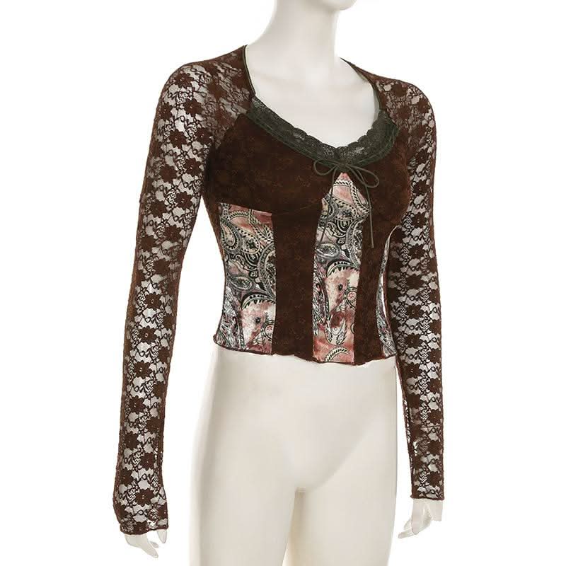 Long sleeve lace abstract top