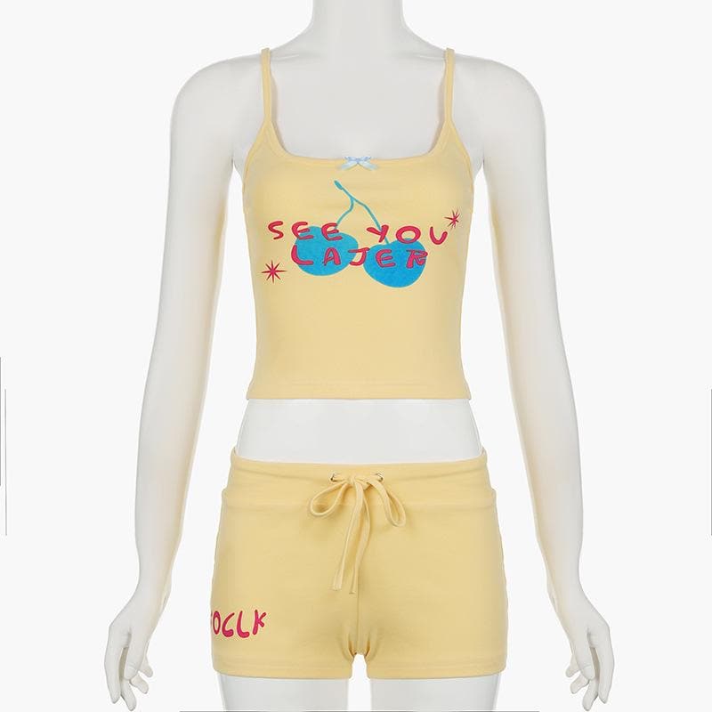 U neck letter print bowknot cami pant set