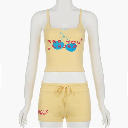 U neck letter print bowknot cami pant set