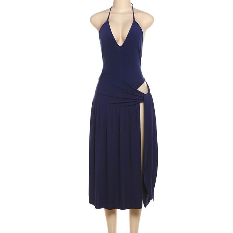 Halter self tie button ruched deep V neck midi skirt set