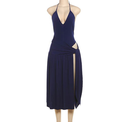 Halter self tie button ruched deep V neck midi skirt set