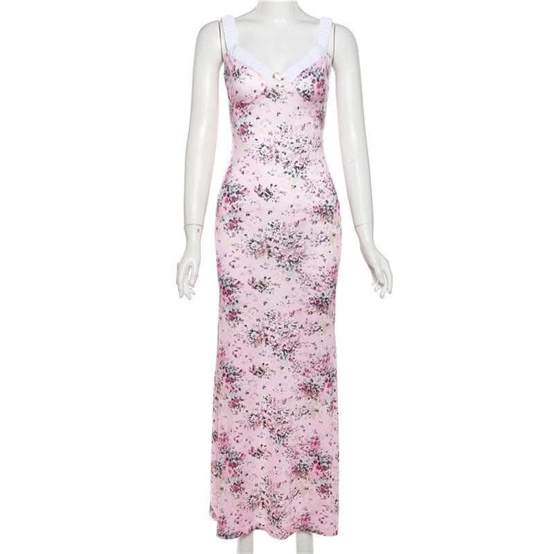 Ruched flower print contrast sleeveless v neck maxi dress-final-sale