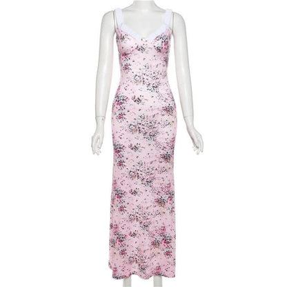 Ruched flower print contrast sleeveless v neck maxi dress-final-sale