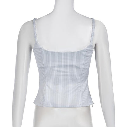 Striped print lace hem zip-up bowknot cami top