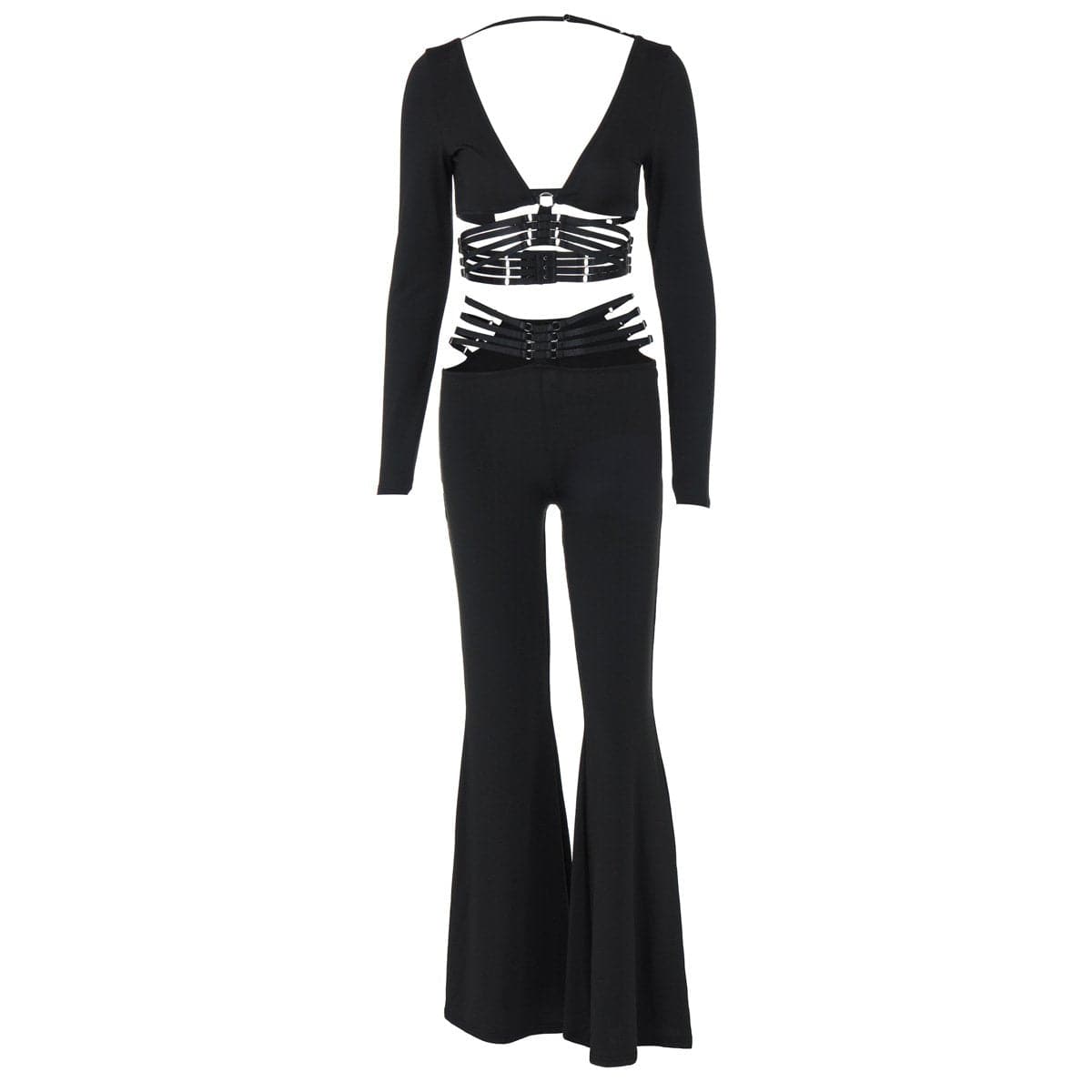 Long sleeve o ring button wide leg low rise pant set