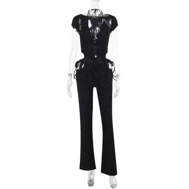 Halter o ring self tie hollow out jumpsuit