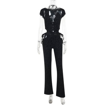 Halter o ring self tie hollow out jumpsuit