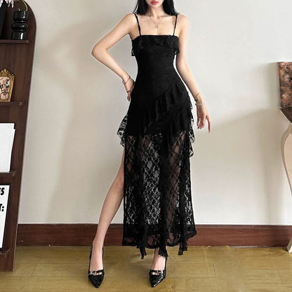 Square neck ruffle slit cami maxi dress