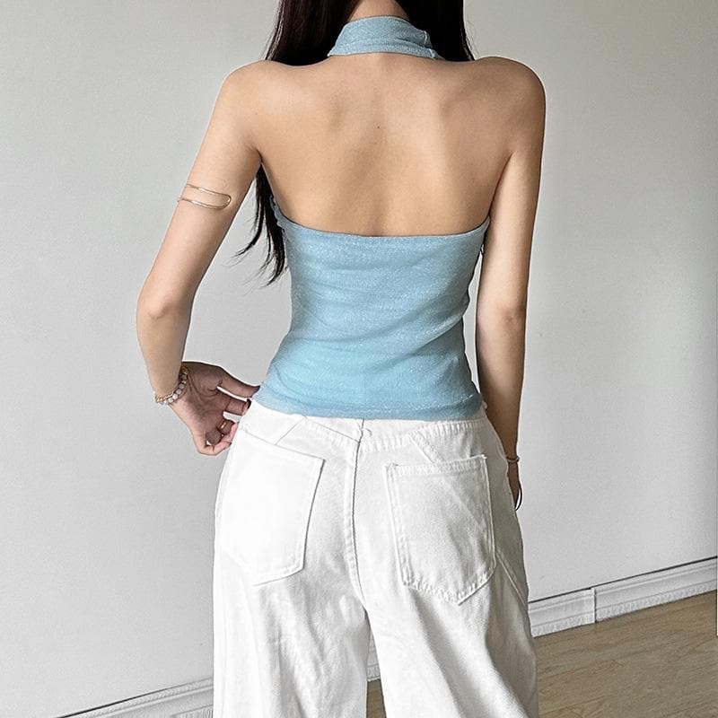 Halter mesh backless glitter ruched top