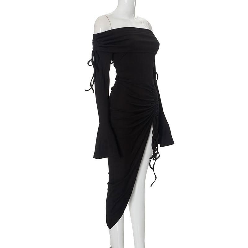Flared sleeve off shoulder slit ruched self tie midi dress