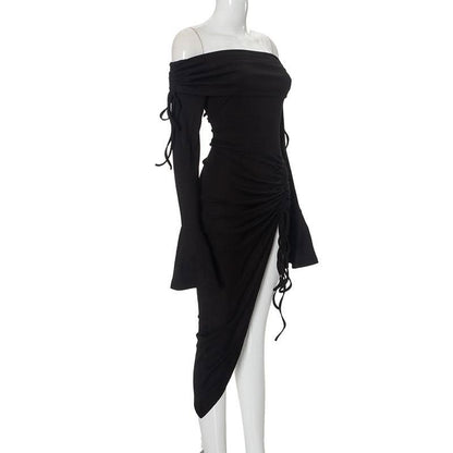 Flared sleeve off shoulder slit ruched self tie midi dress