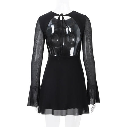 Long flared sleeve crewneck self tie mesh backless mini dress