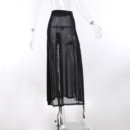 Sheer mesh see through lace up slit solid maxi skirt