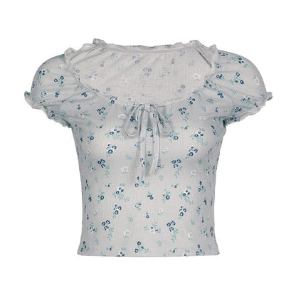 Short sleeve knotted ruffle ribbed print top
