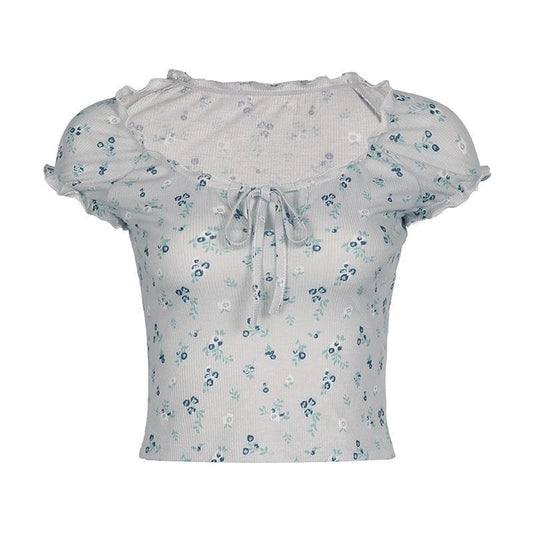 Short sleeve knotted ruffle ribbed print top