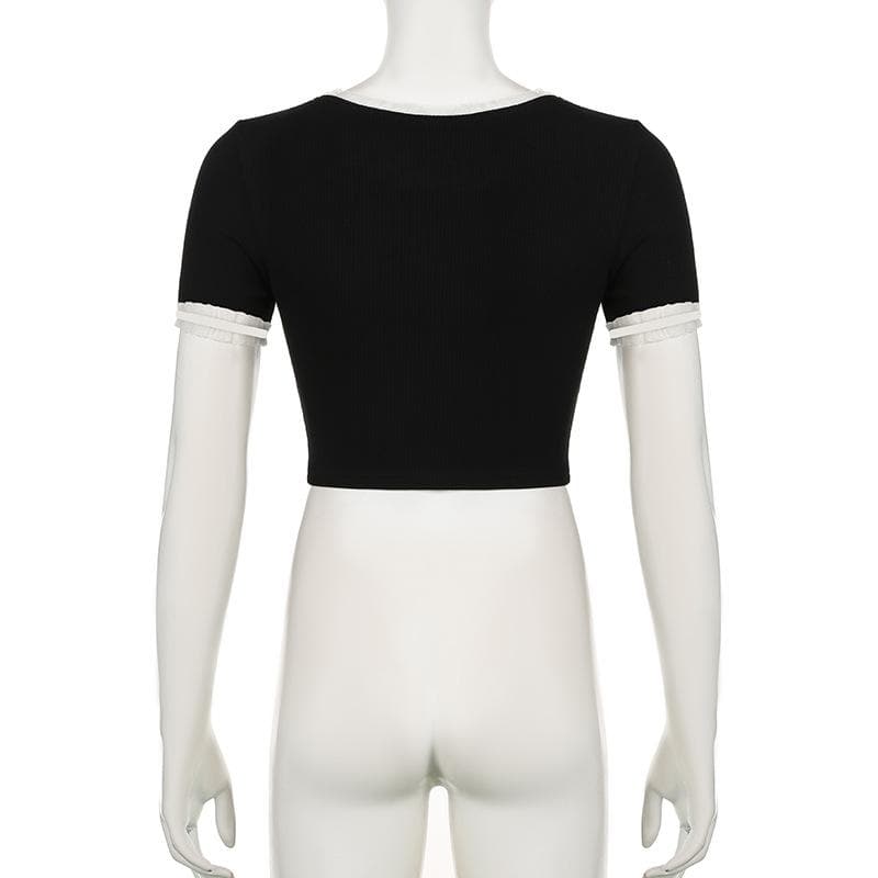 Short sleeve ruffle ruched bowknot ribbed top