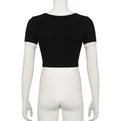 Short sleeve ruffle ruched bowknot ribbed top