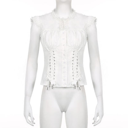 Ruffle cap sleeve lace up ruched corset button top