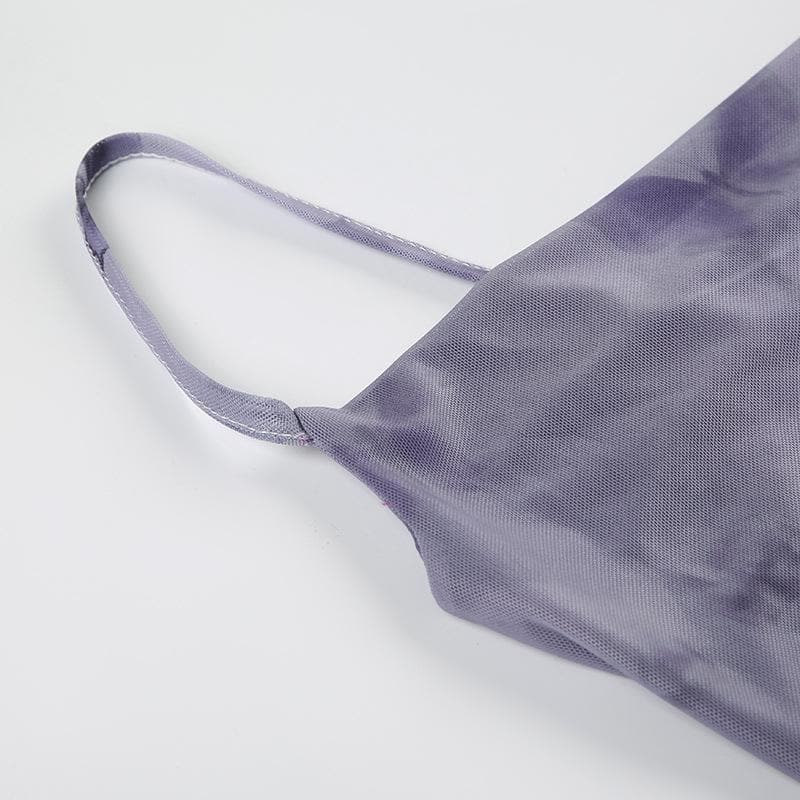 Butterfly print cowl neck ruched mesh cami mini dress