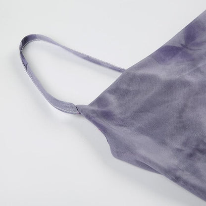 Butterfly print cowl neck ruched mesh cami mini dress