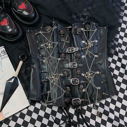 Cross applique PU leather rivet buckle bustier tube top