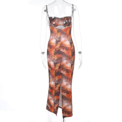 Slit leopard print bowknot lace hem cami midi dress