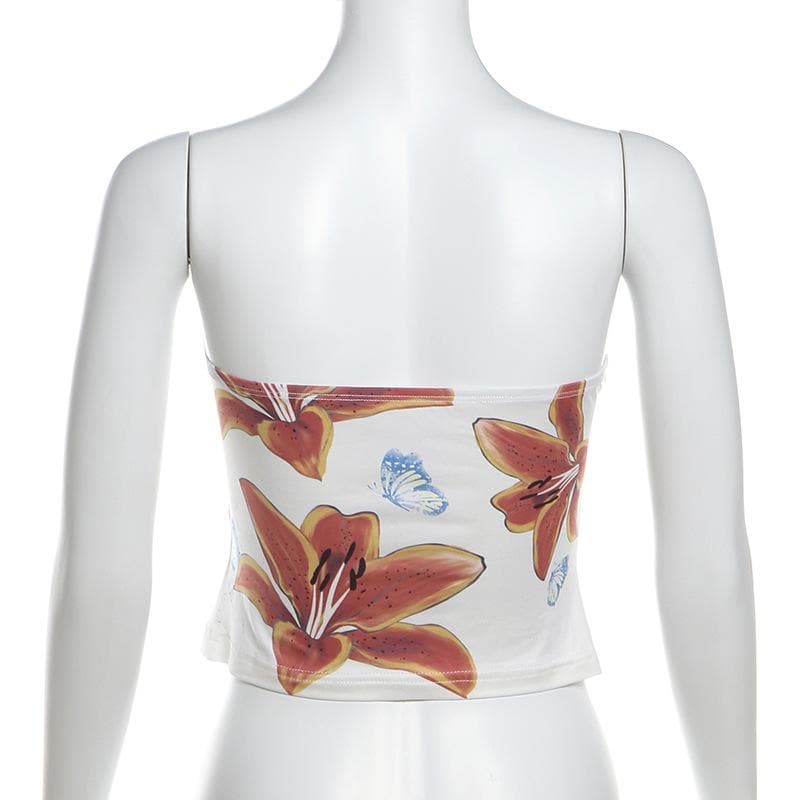 Flower butterfly print backless tube top