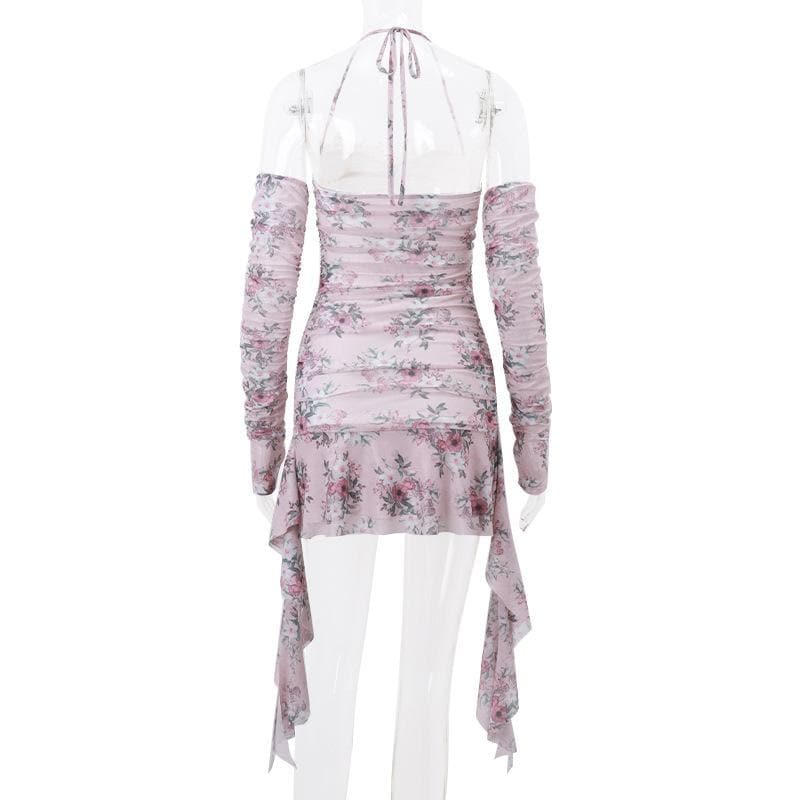 Halter hollow out lace hem flower print gloves cut out mini dress