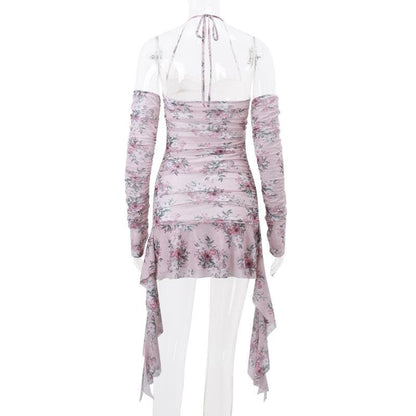 Halter hollow out lace hem flower print gloves cut out mini dress