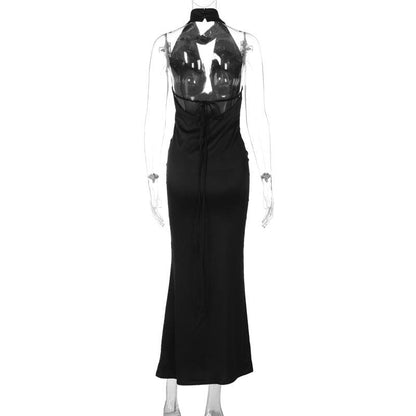 Halter cowl neck button ruched satin backless maxi dress