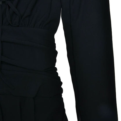 V neck long sleeve chiffon ruched ruffle mini dress