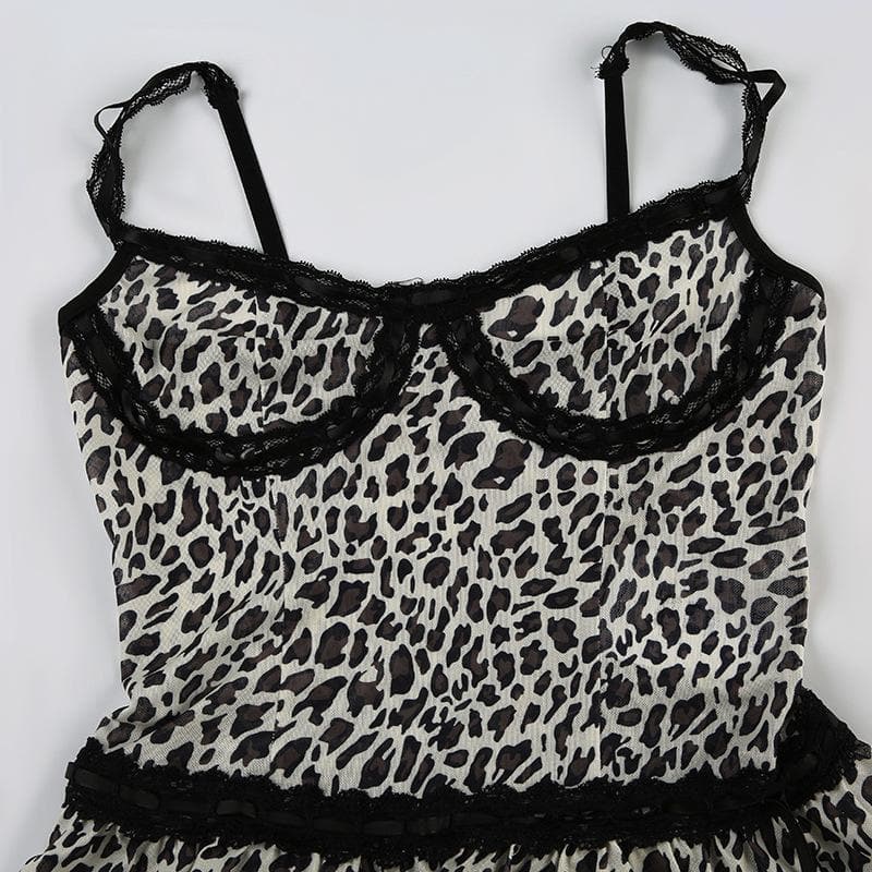 Leopard print bowknot see through mesh cami top