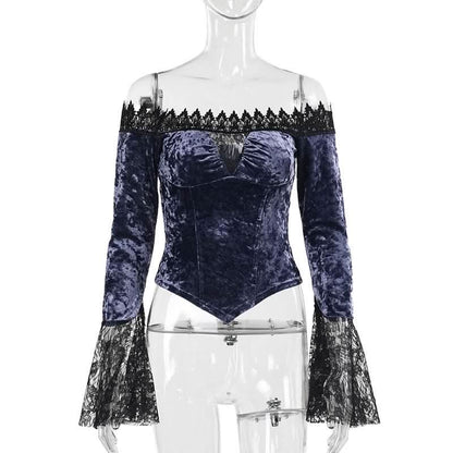 Off shoulder long flared sleeve velvet top