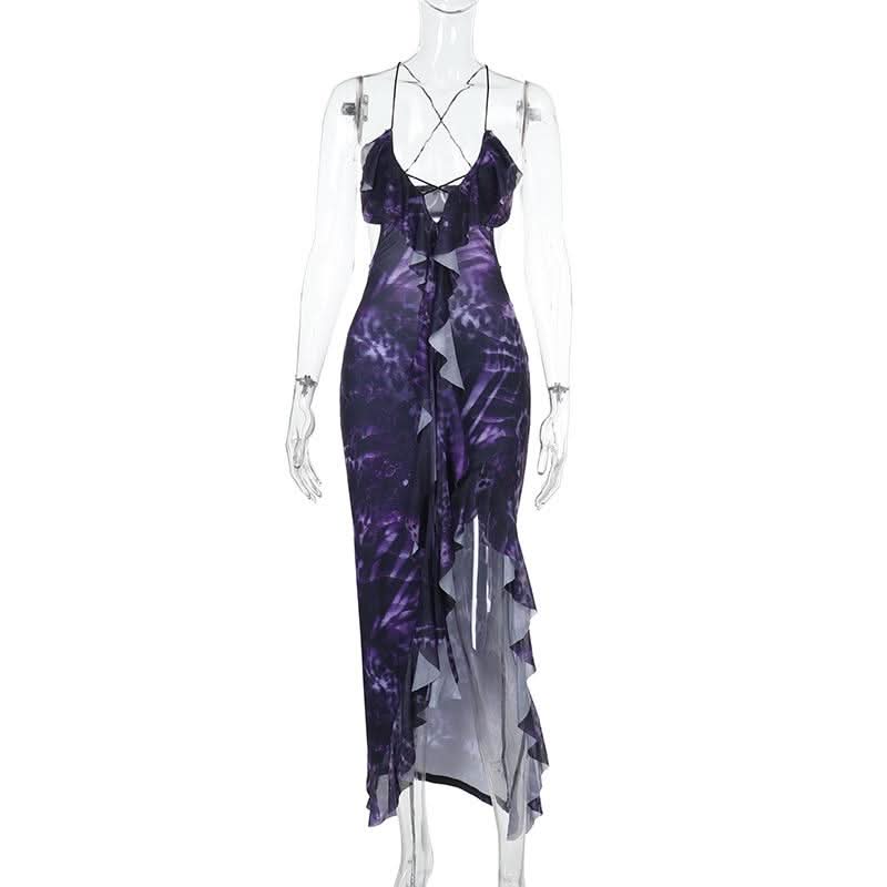 Cross back print ruffle slit spaghetti strap maxi dress