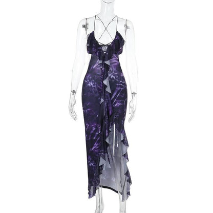 Cross back print ruffle slit spaghetti strap maxi dress