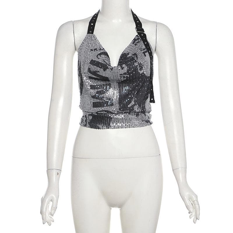 Halter cowl neck glitter buckle print top
