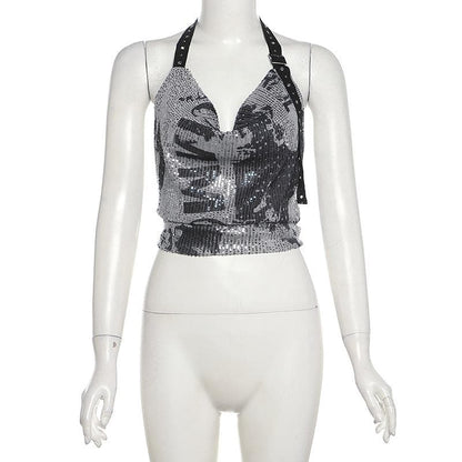 Halter cowl neck glitter buckle print top
