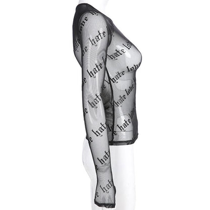 Sheer mesh "hate love" print see through solid long sleeve gloves top