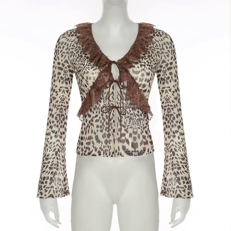 Long sleeve mesh lace hem leopard print self tie top