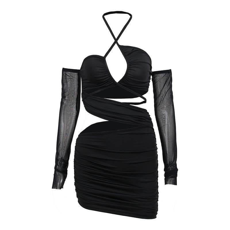 Ruched cross front hollow out halter off shoulder long sleeve backless cut out mini dress
