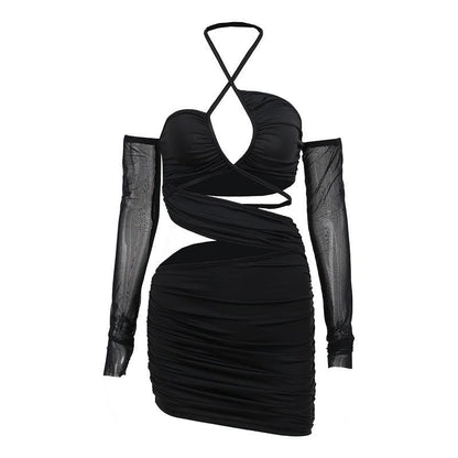 Ruched cross front hollow out halter off shoulder long sleeve backless cut out mini dress