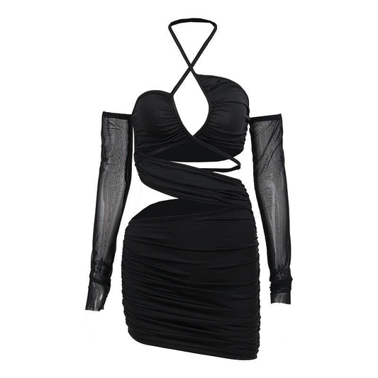 Ruched cross front hollow out halter off shoulder long sleeve backless cut out mini dress