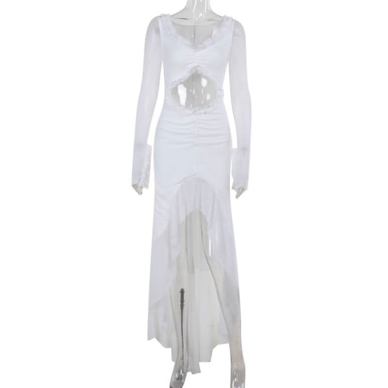 Hollow out long sleeve ruched ruffle mesh cut out maxi dress