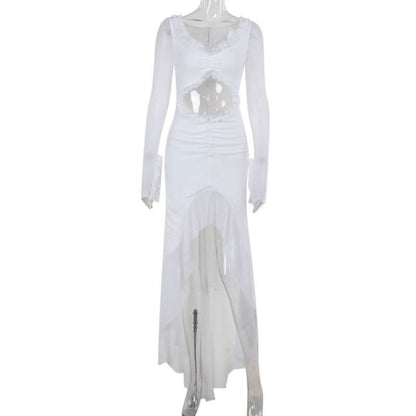Hollow out long sleeve ruched ruffle mesh cut out maxi dress