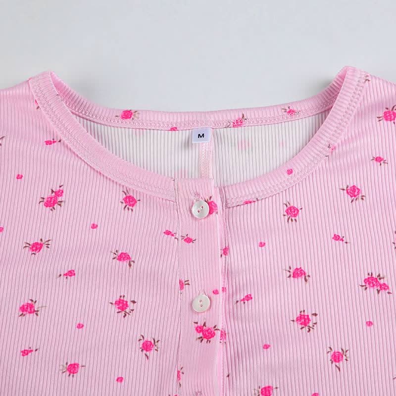 Long sleeve crewneck button flower print romper