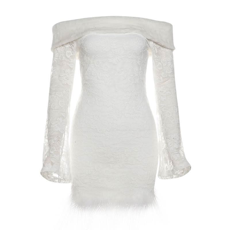Off shoulder long flared sleeve feather lace mini dress