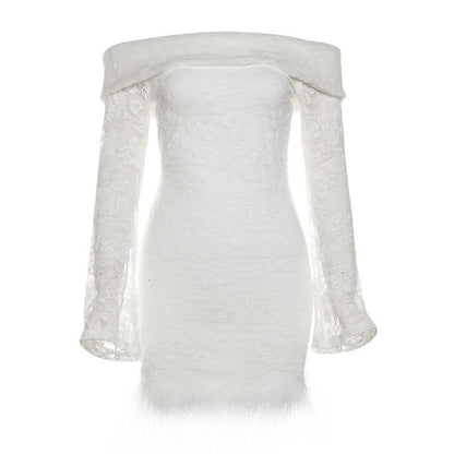 Off shoulder long flared sleeve feather lace mini dress